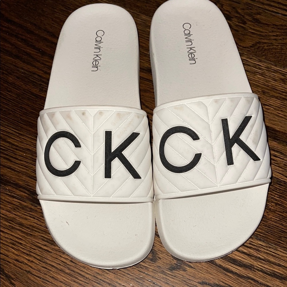 Calvin Klein White Slides with Black Logo